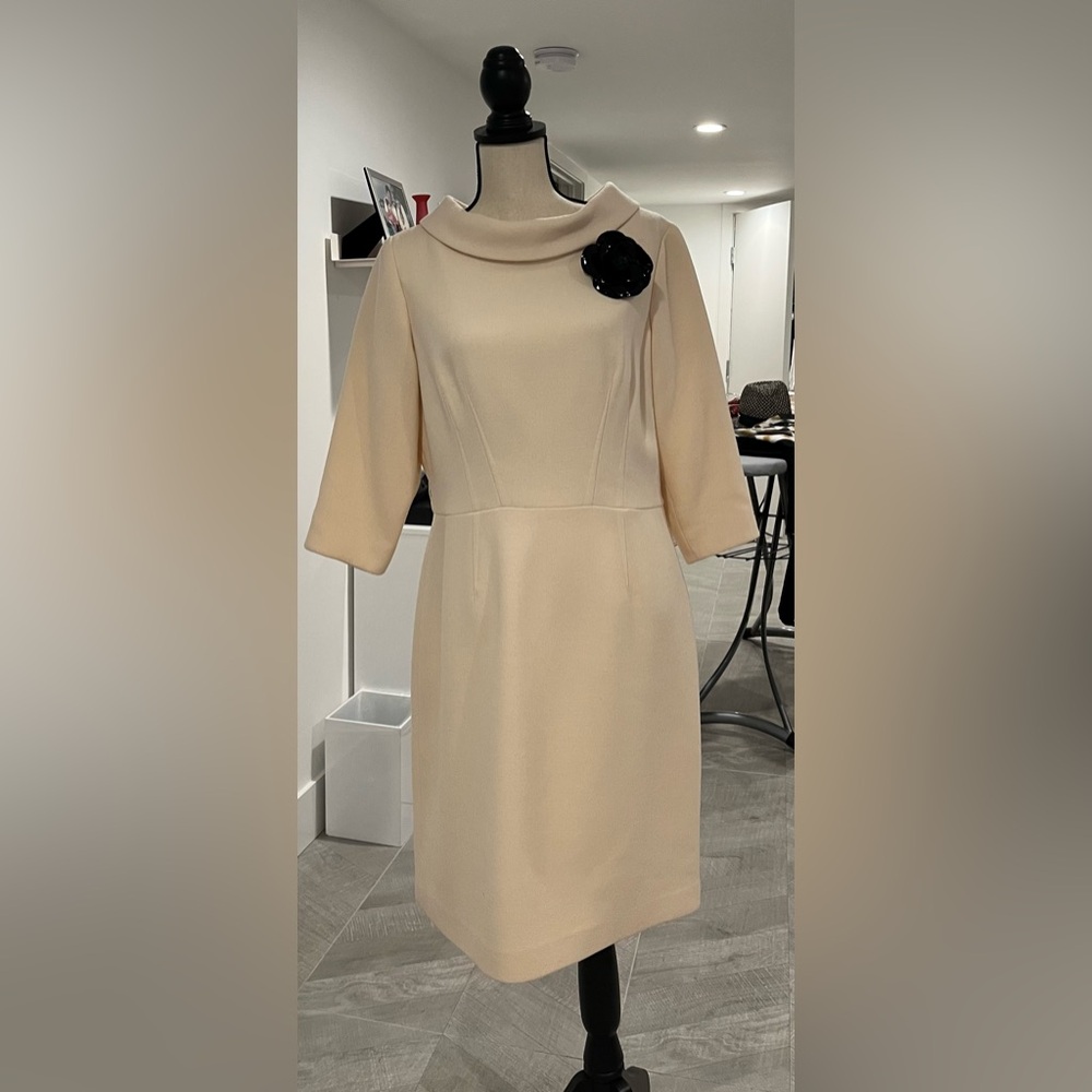 Teri Jon Cream Midi Dress with Black Flower Accent